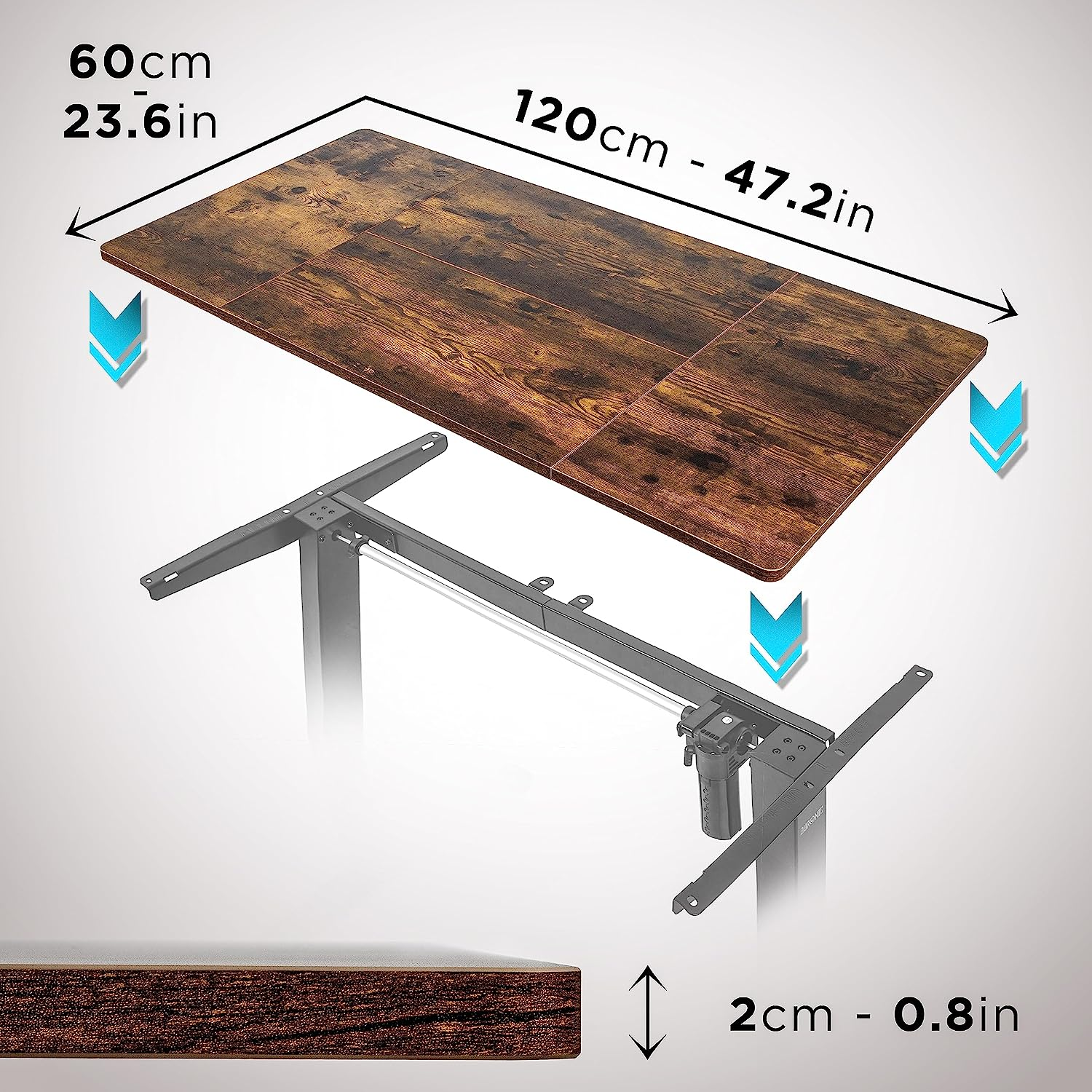 Holzschreibtisch mit Abmessungen und höhenverstellbarem Gestell, detaillierte Holzmaserung.