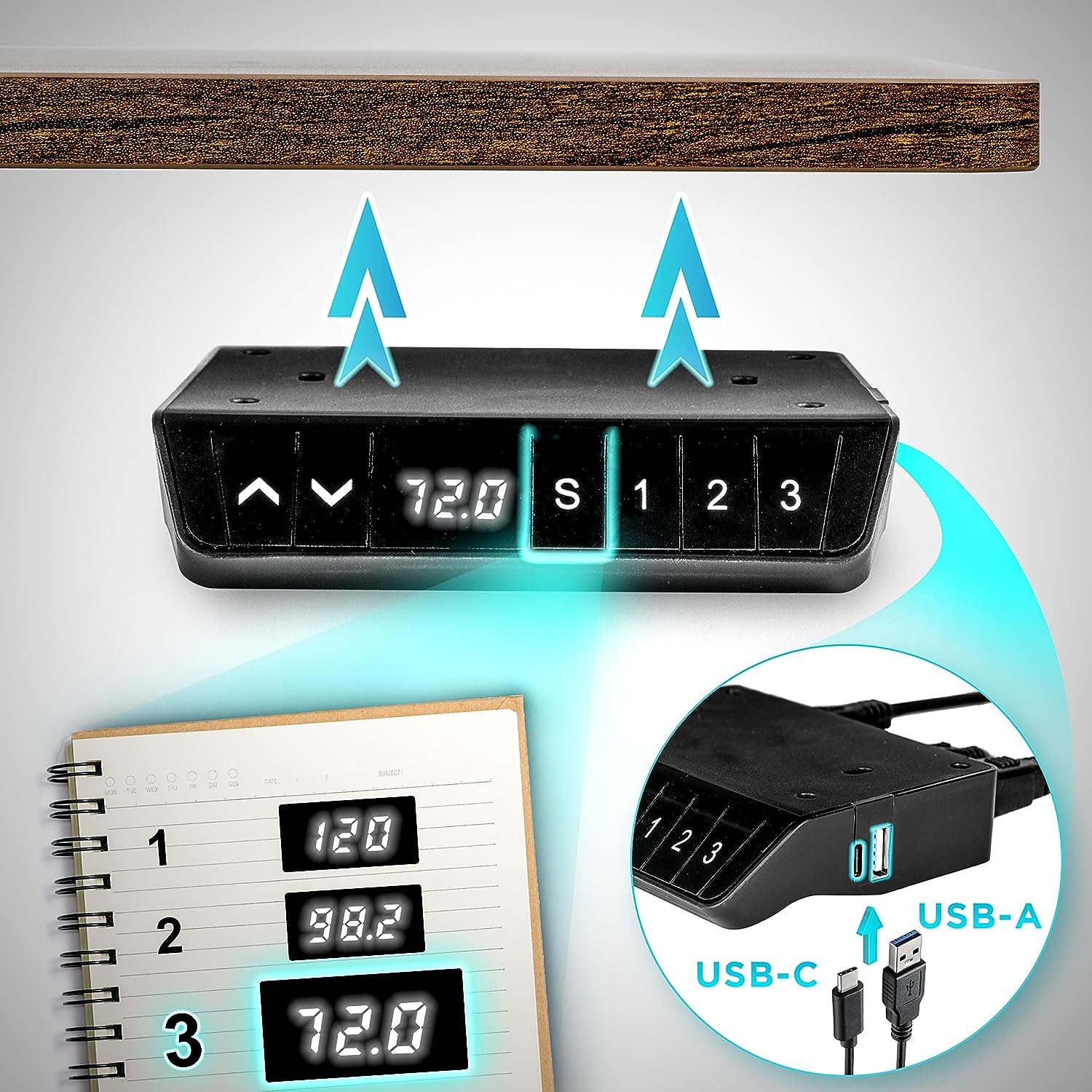 Schreibtisch-Bedienfeld mit Display und Tasten. USB-Anschlüsse und -Kabel.