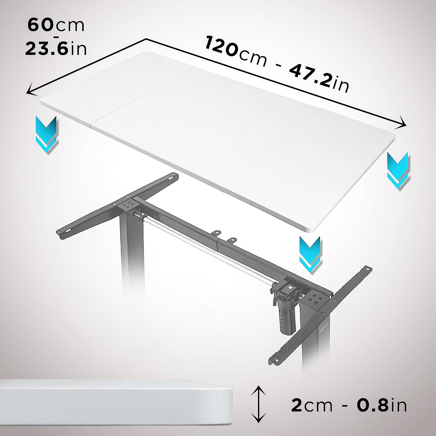 Weißer, verstellbarer Schreibtisch mit Maßen. Oberteil 120cm x 60cm. Beine sind schwarz.