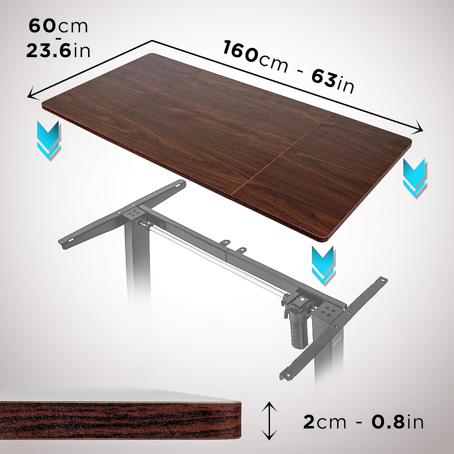 Braune Holzschreibtischplatte mit Abmessungen. Graues verstellbares Schreibtischgestell unten.