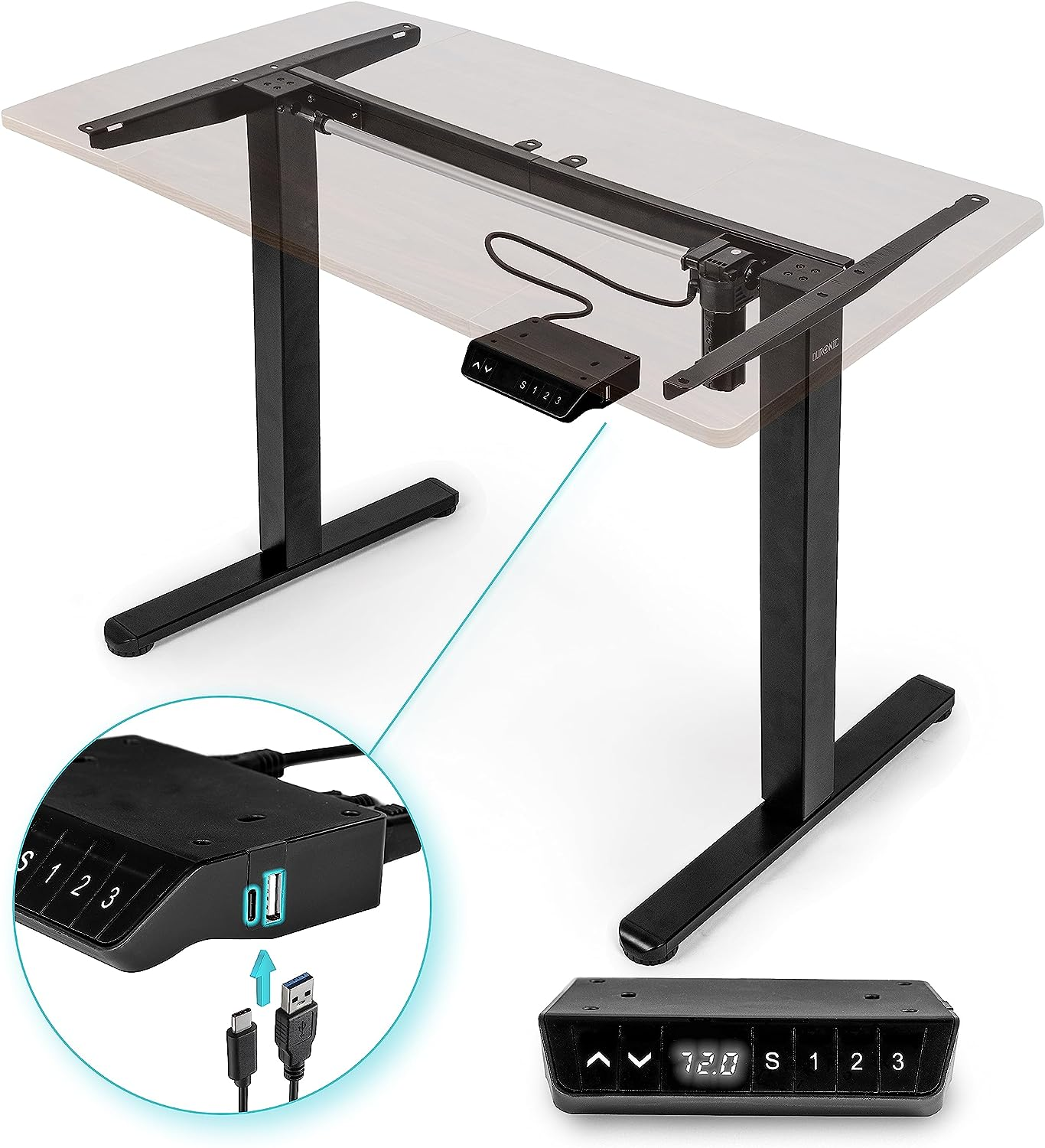 Ein schwarzer und silberner höhenverstellbarer Stehtisch. Eine Nahaufnahme zeigt ein Bedienfeld mit USB-Anschlüssen.