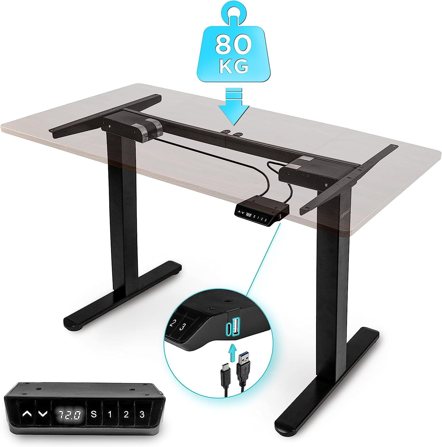 Höhenverstellbarer Schreibtisch mit schwarzem Gestell. Weiße Platte. Bedienfeld mit Display.