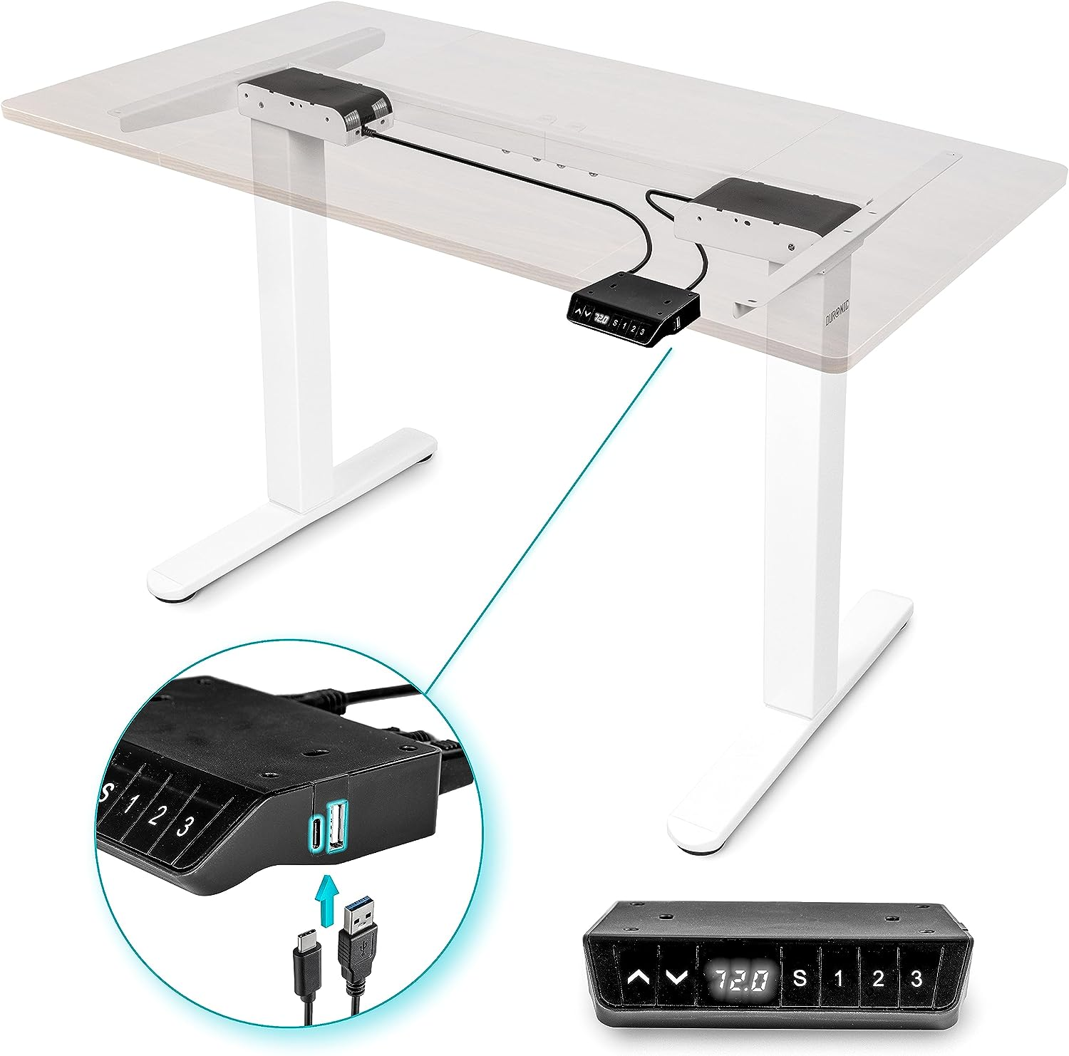 Ein Stehpult mit Bedienfeld und USB-Anschlüssen sowie eine Nahaufnahme des Feldes.