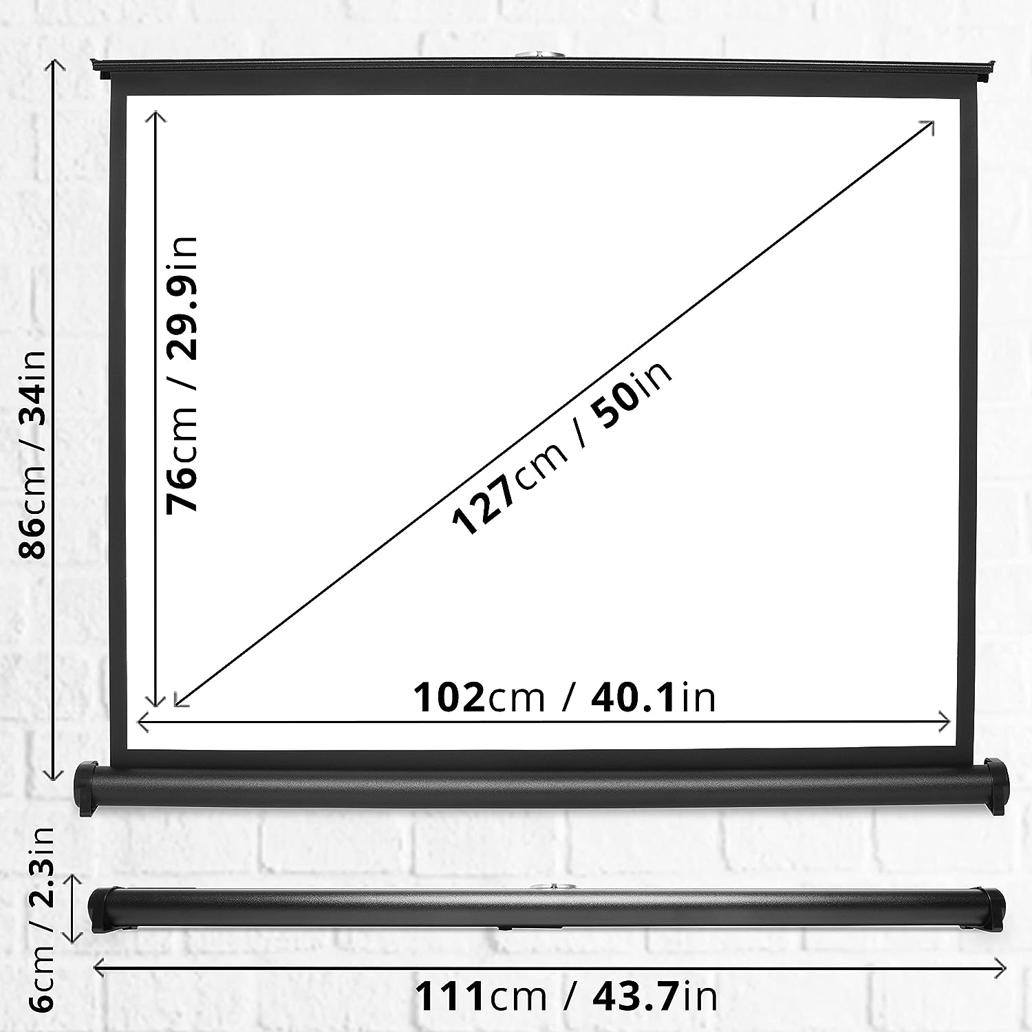 Eine weiße Projektorleinwand mit schwarzen Rändern. Abmessungen werden mit Maßen in cm und Zoll angezeigt.