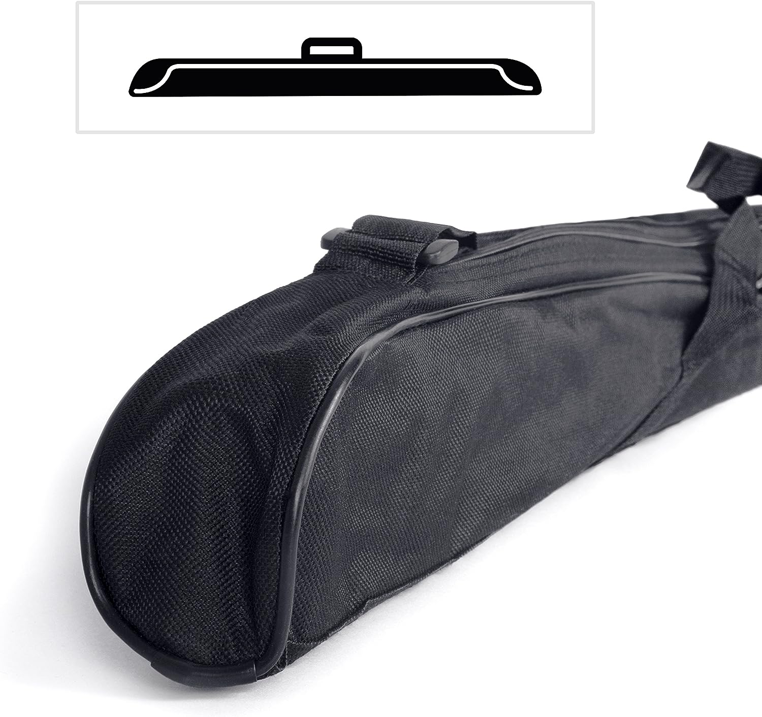 Schwarze Tasche mit gebogener Form. Weißer Hintergrund, mit einer Draufsicht-Ikone.