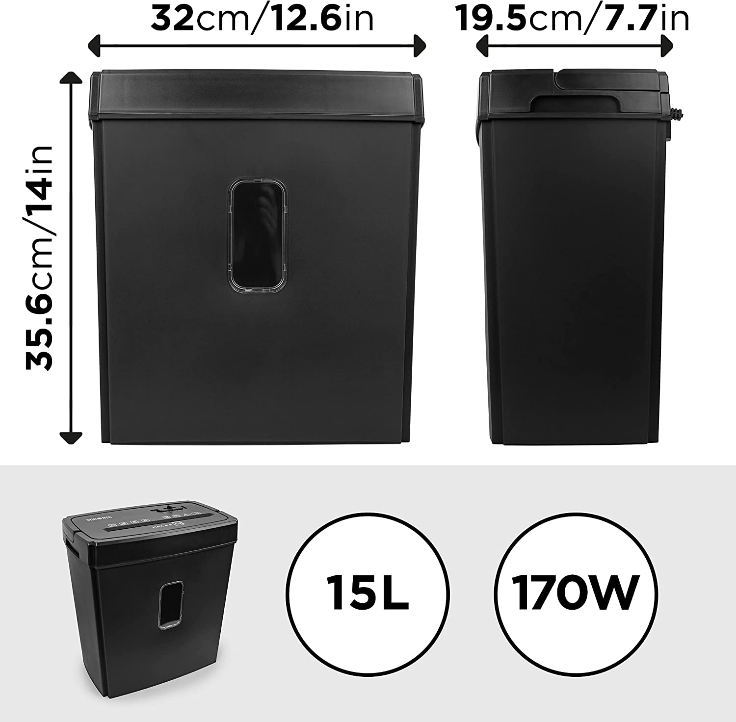 Destructora de papel negra, vistas frontal y lateral. Texto muestra dimensiones y capacidad: 15L y 170W.