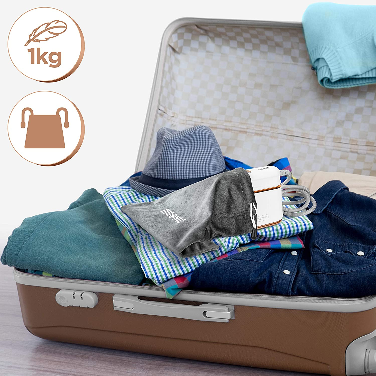 Ein Koffer mit Gegenständen wie Kleidung und einem kleinen, weißen Reise-Gadget. Text gibt 1 kg und ein Taschensymbol an.
