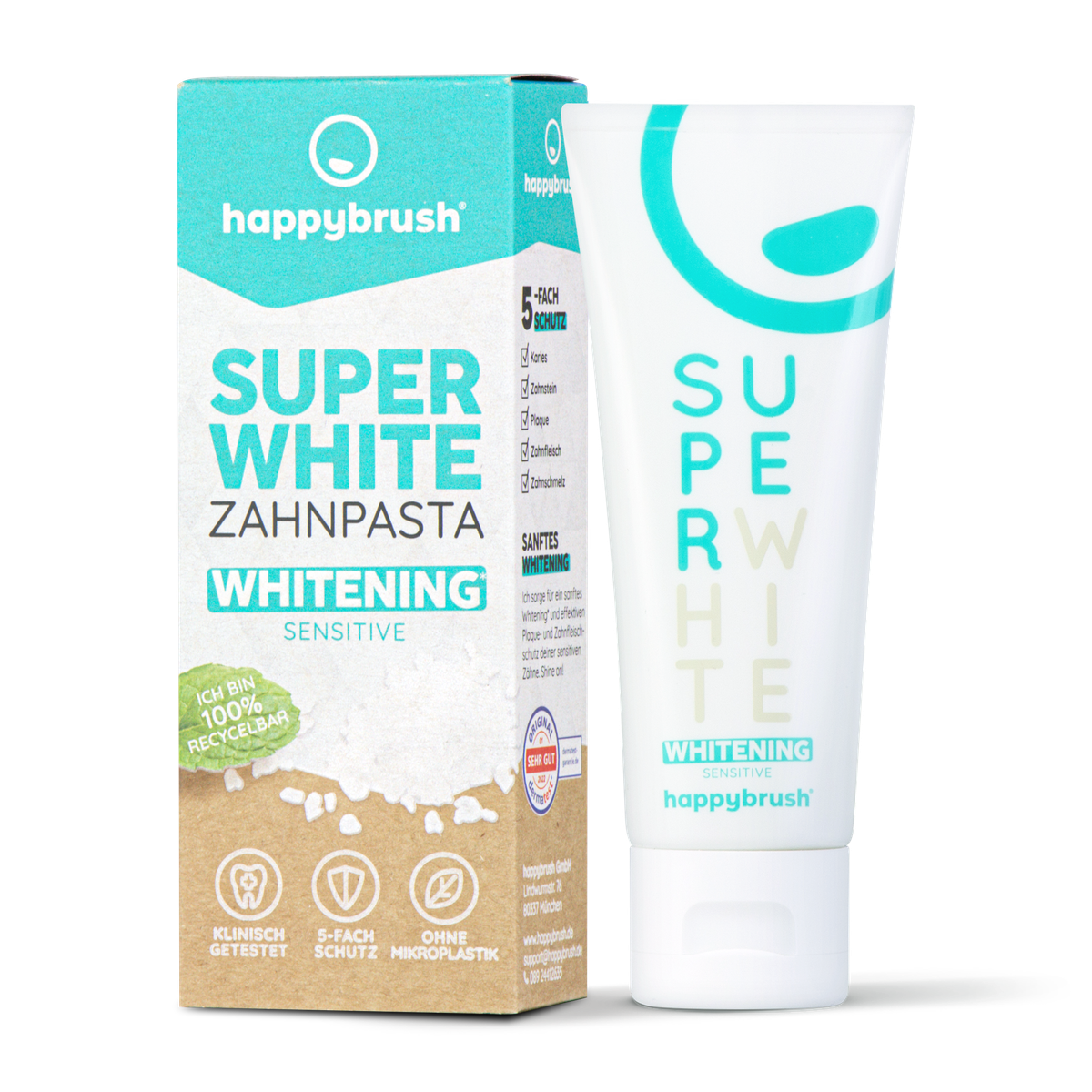 Zahnpasta-Tube und -Schachtel. Auf der Schachtel steht 'Super White' und 'Whitening'.