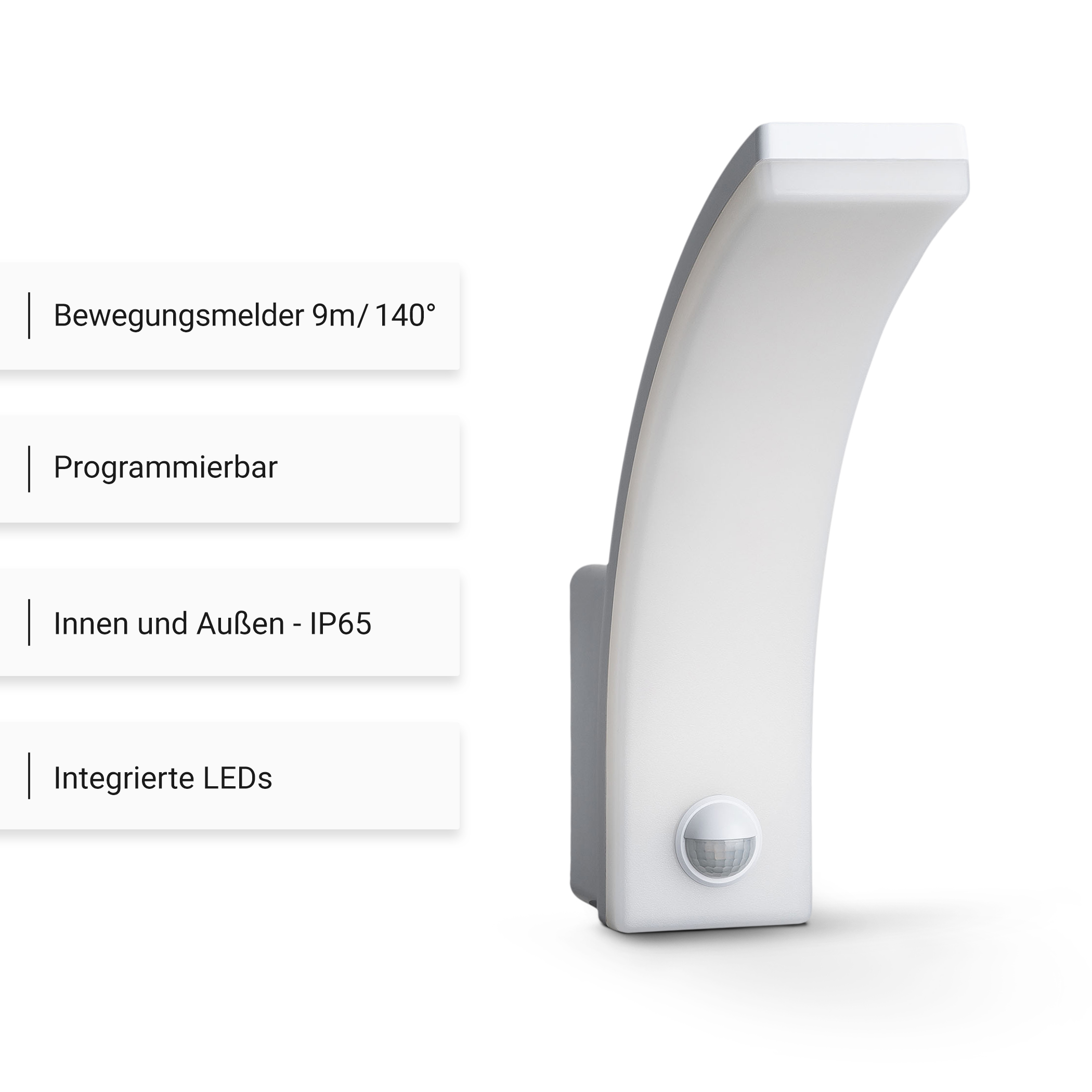 Weiße LED-Außenleuchte mit Bewegungsmelder, programmierbar, IP65-zertifiziert und integrierten LEDs.