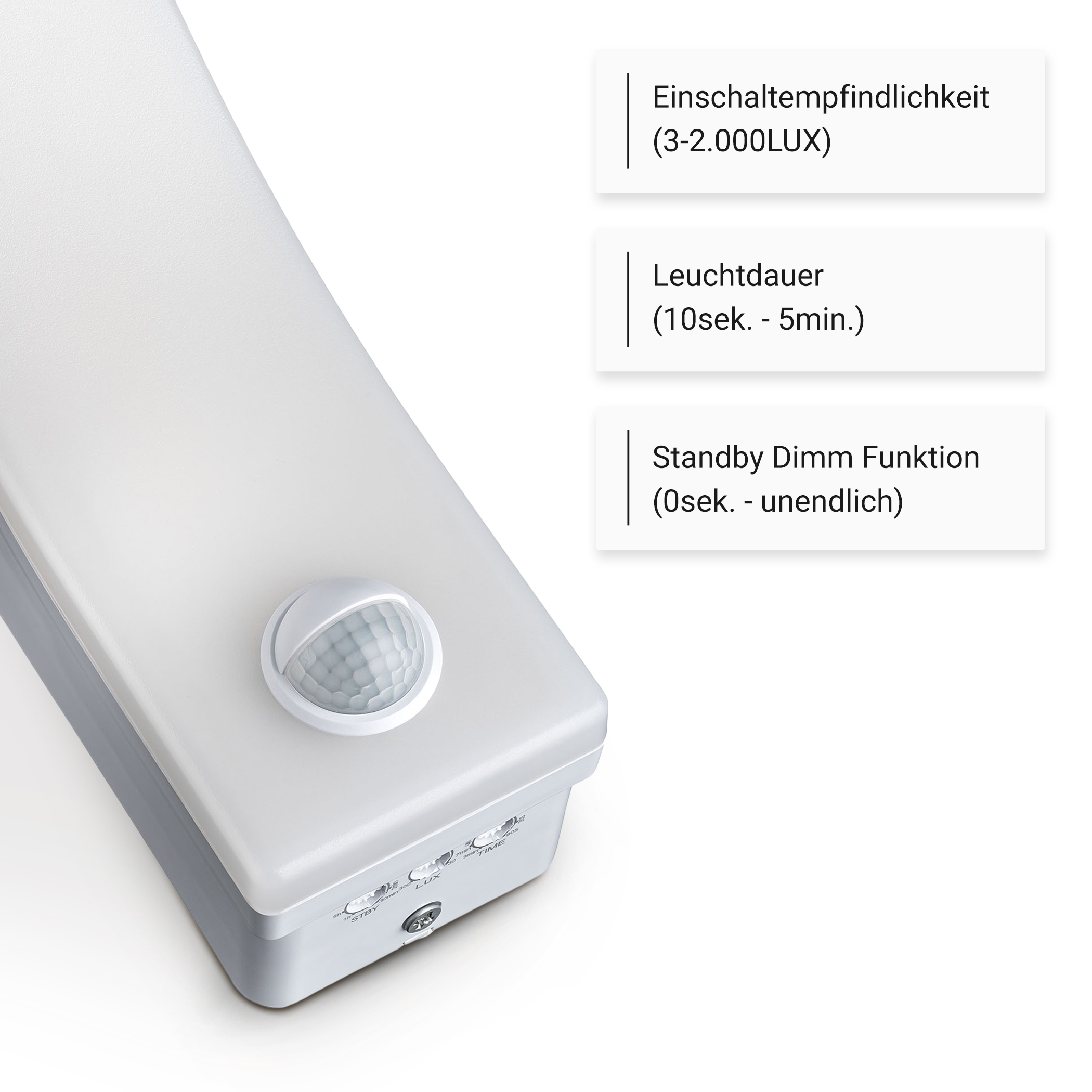 Weiße Bewegungssensorleuchte mit Spezifikationen. Enthält einen Sensor und Steuertasten.