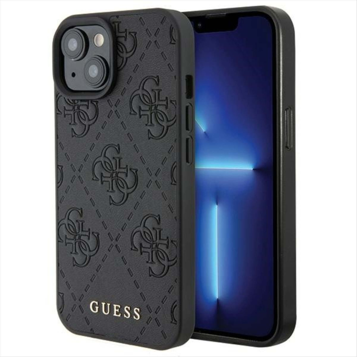 GUESS Leder 4G Stamped Design iPhone Apple, Schwarz Tasche Backcover, Hülle, 15
