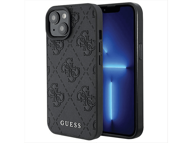 GUESS Leder 4G Stamped Design iPhone Apple, Schwarz Tasche Backcover, Hülle, 15