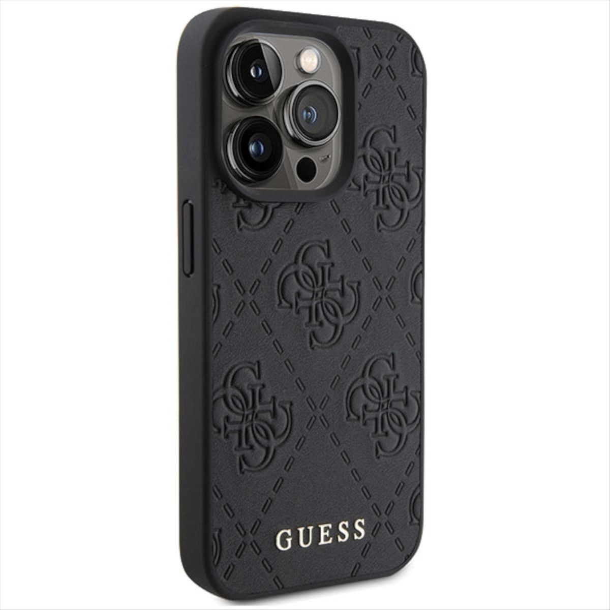 GUESS Leder 4G Hülle, iPhone Schwarz Design Pro, Apple, Stamped 15 Backcover