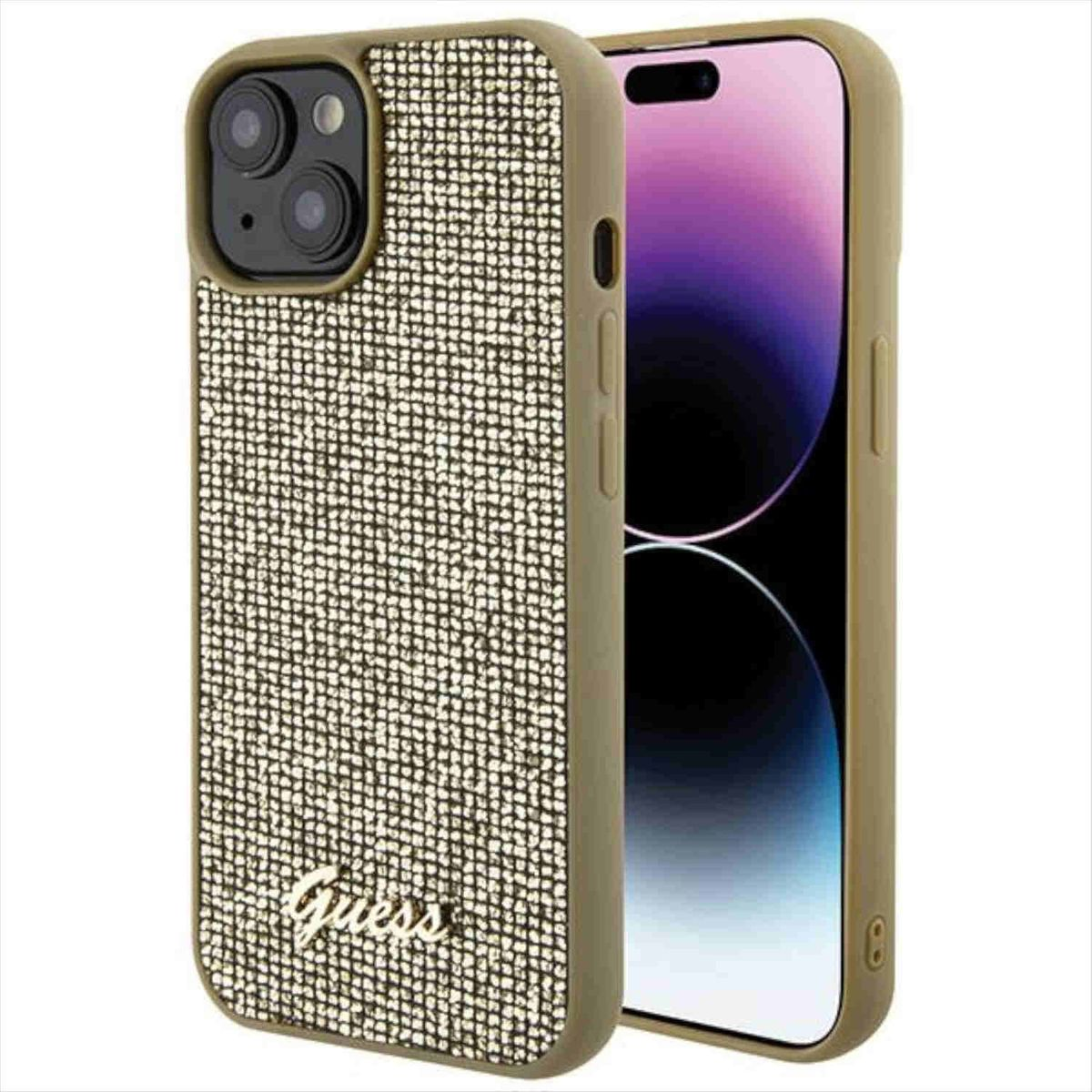 Script iPhone Design Backcover, Metal Hülle, Disco Gold 15, Apple, GUESS Tasche