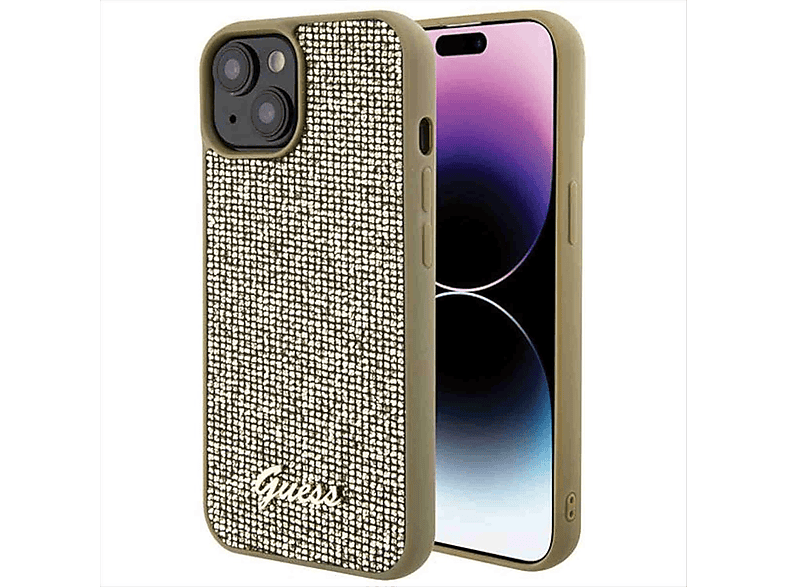 GUESS Disco Gold Apple, Tasche iPhone Design Backcover, Script Metal 15, Hülle
