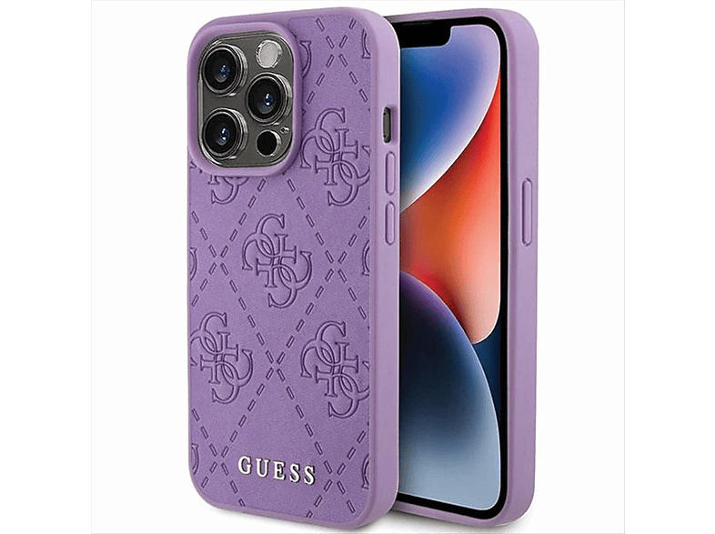 GUESS Leder 4G Stamped Design Hülle, Backcover, Apple, iPhone 15 Pro Max, Lila