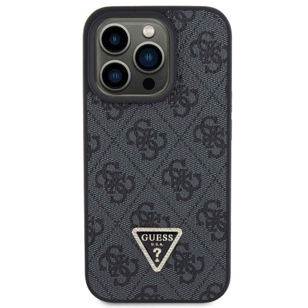 Custodia nera per telefono Guess con design a fantasia e logo Guess. Le fotocamere del telefono sono visibili.