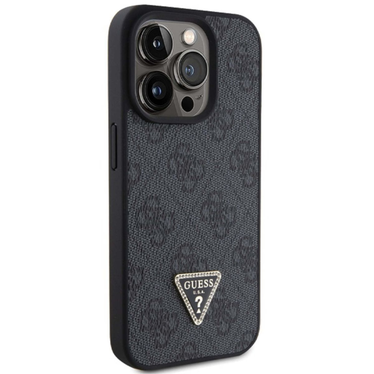 Una custodia per iPhone Guess nera con design a fantasia e logo Guess.
