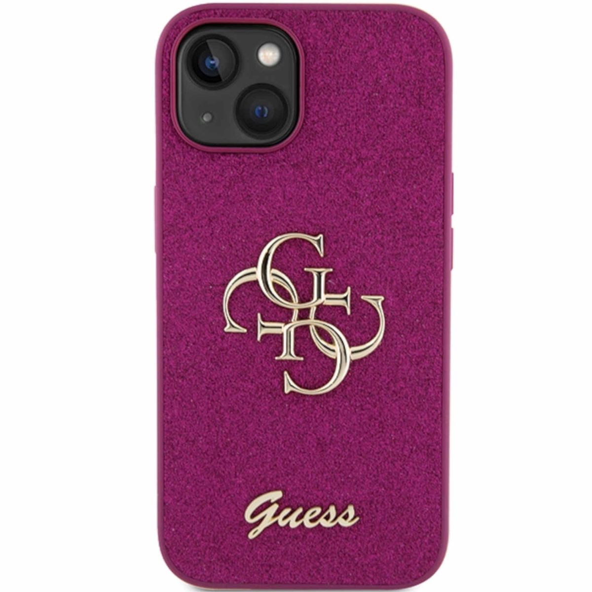 GUESS Glitter Script Big 4G iPhone Design Apple, 15, Hülle, Backcover, Lila