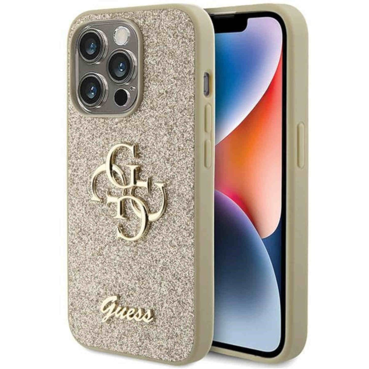 Goldene Handyhülle mit Logo und Telefon. Beige Hülle mit goldenen Akzenten.