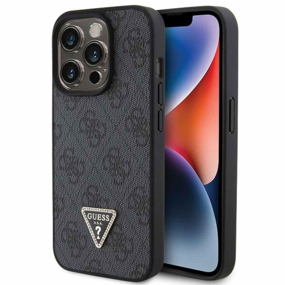 Una custodia per telefono grigio scuro con logo Guess e un telefono nero sono esposti.