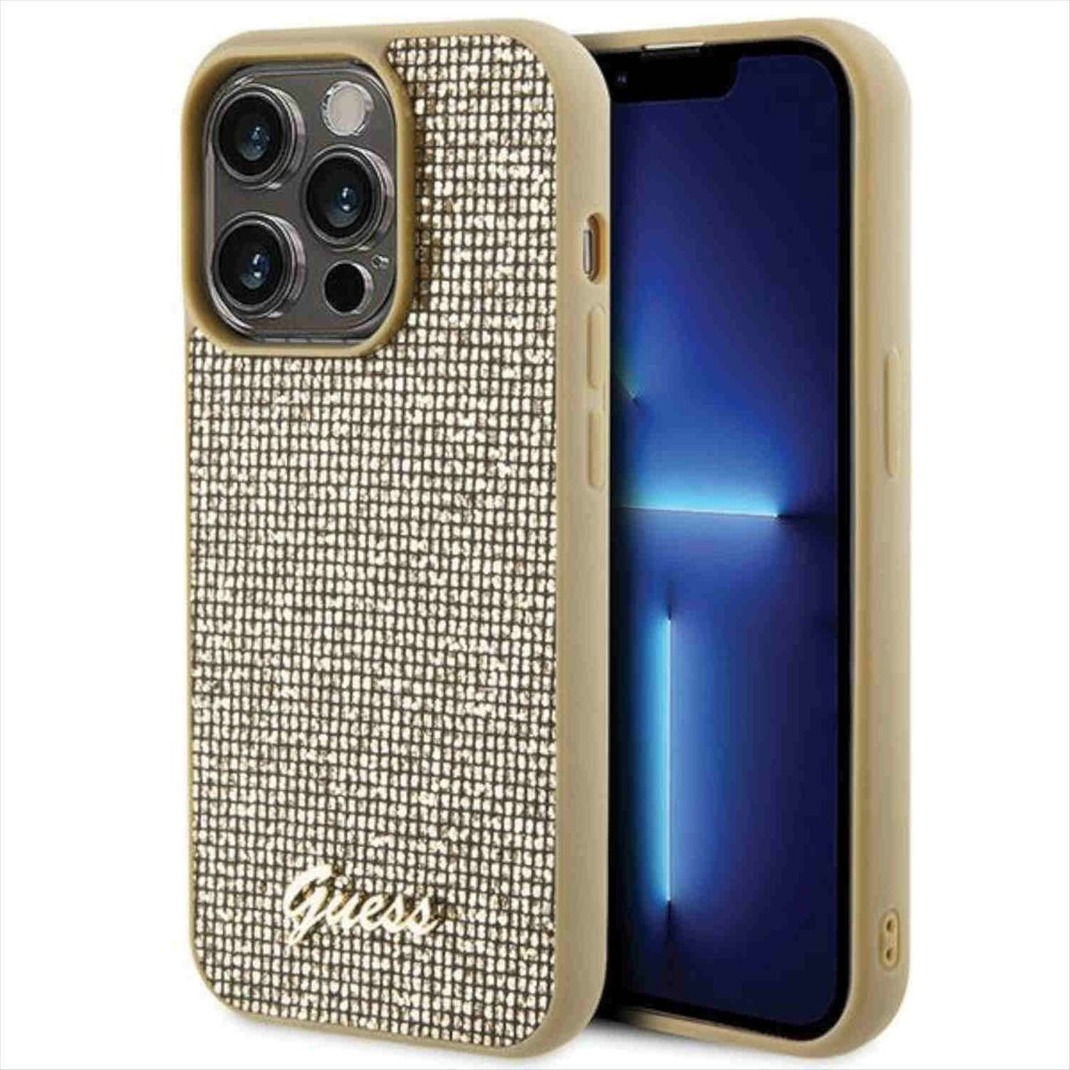 GUESS Disco Metal Script Design iPhone 15 Tasche Backcover, Apple, Hülle, Pro Max, Gold