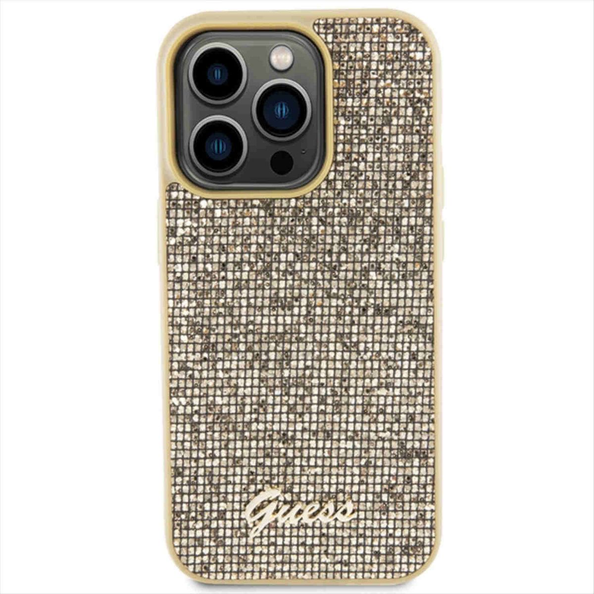 GUESS Disco Metal Script Design iPhone 15 Tasche Backcover, Apple, Hülle, Pro Max, Gold