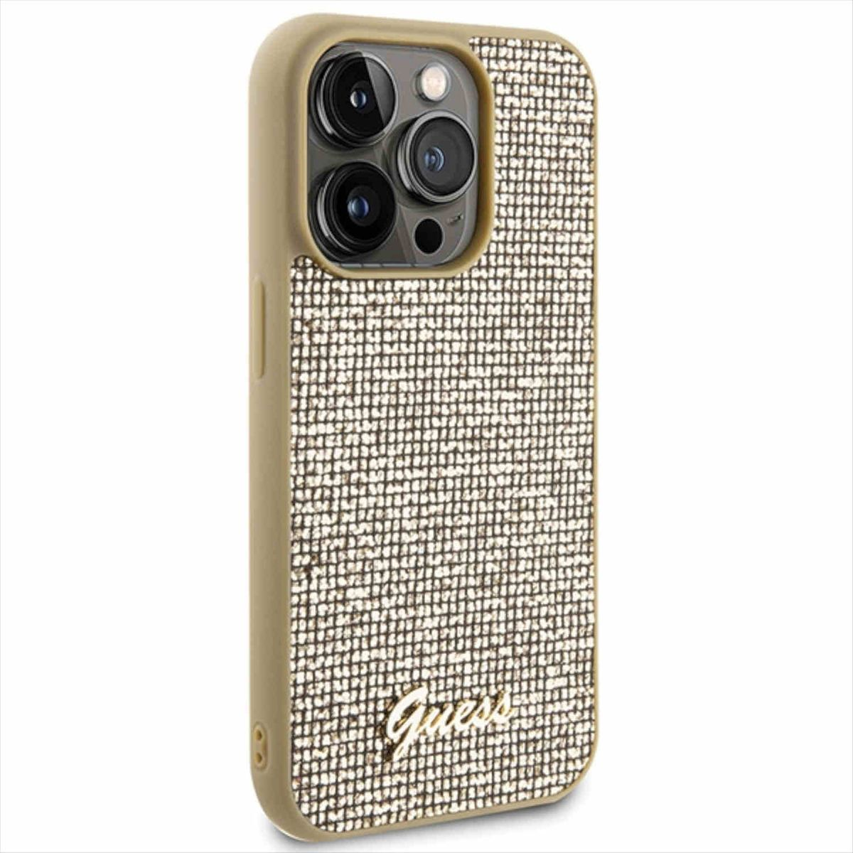 GUESS Disco Metal Script Design iPhone 15 Tasche Backcover, Apple, Hülle, Pro Max, Gold