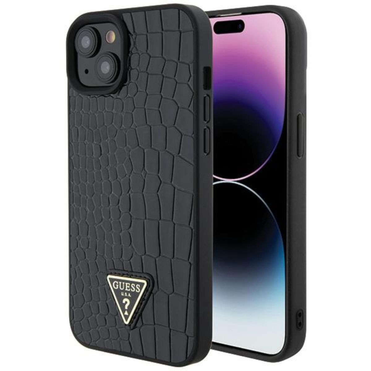GUESS Croco Metal Design iPhone Triangle Logo 15, Hülle, Apple, Schwarz Backcover