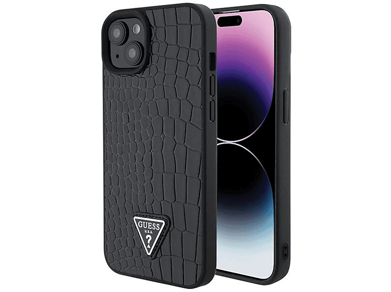 GUESS Croco Triangle Metal Logo Design Hülle, Backcover, Apple, iPhone 15, Schwarz
