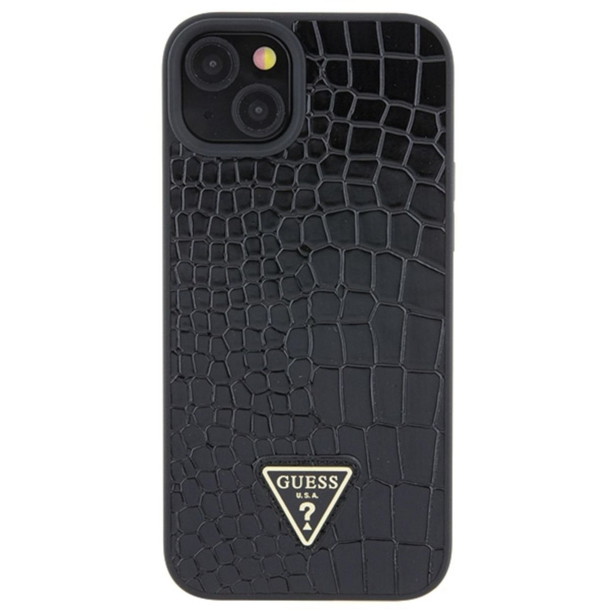 GUESS Croco Metal Design iPhone Triangle Logo 15, Hülle, Apple, Schwarz Backcover