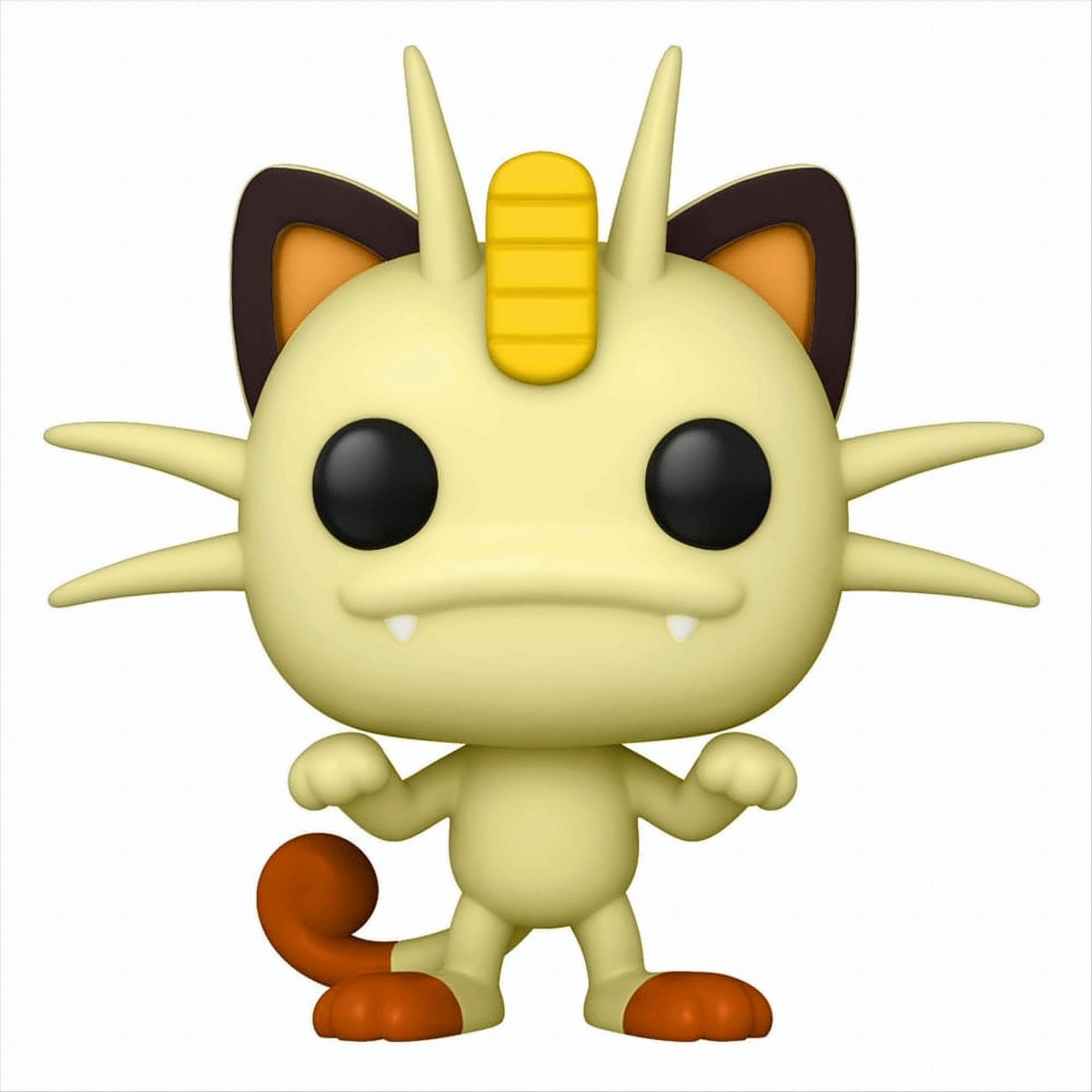 Figura de Pokémon Meowth. Cuerpo color crema, ojos negros y cola naranja.