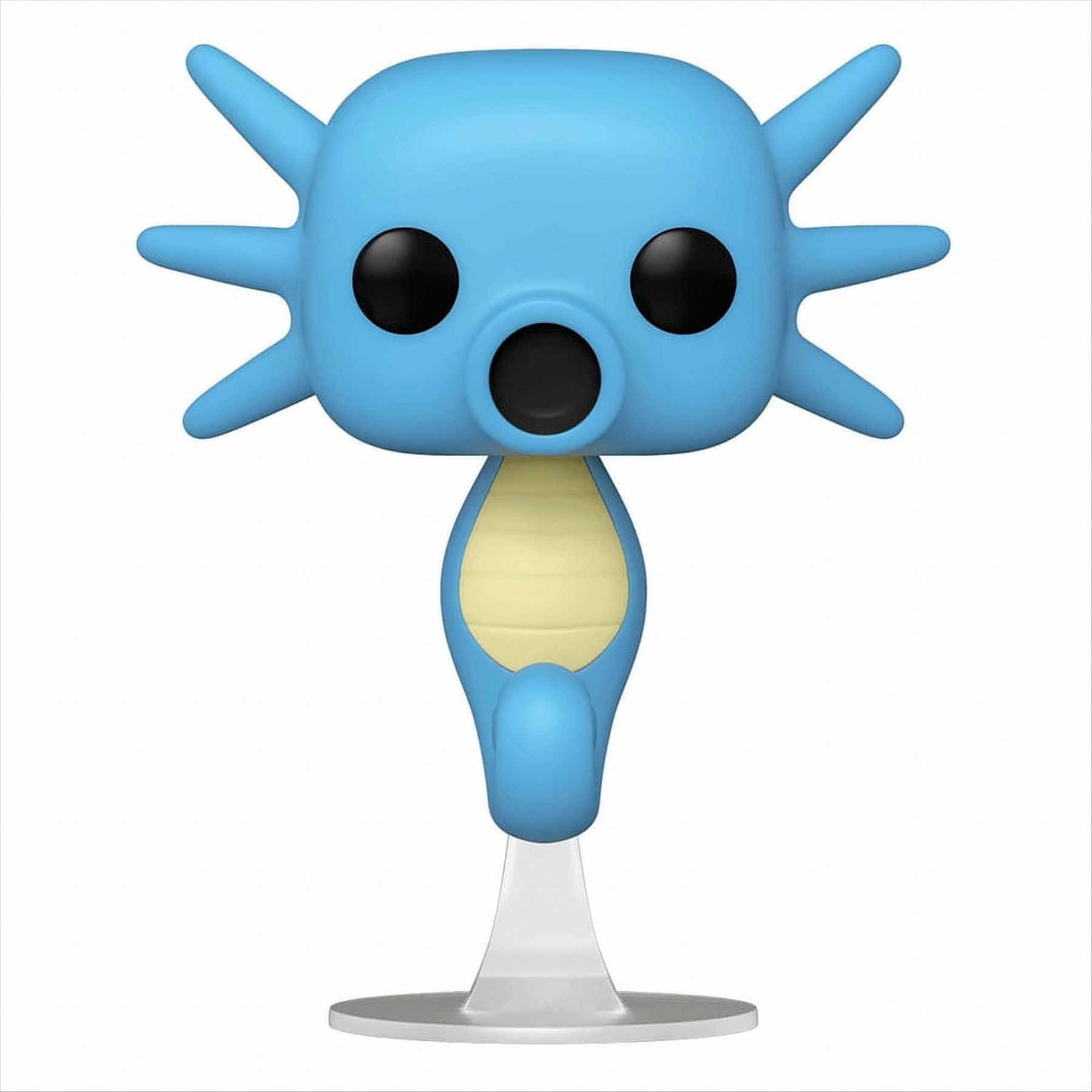 Eine blaue, seepferdchenartige Figur auf einem durchsichtigen Ständer. Es hat schwarze Augen und einen gelben Bauch.