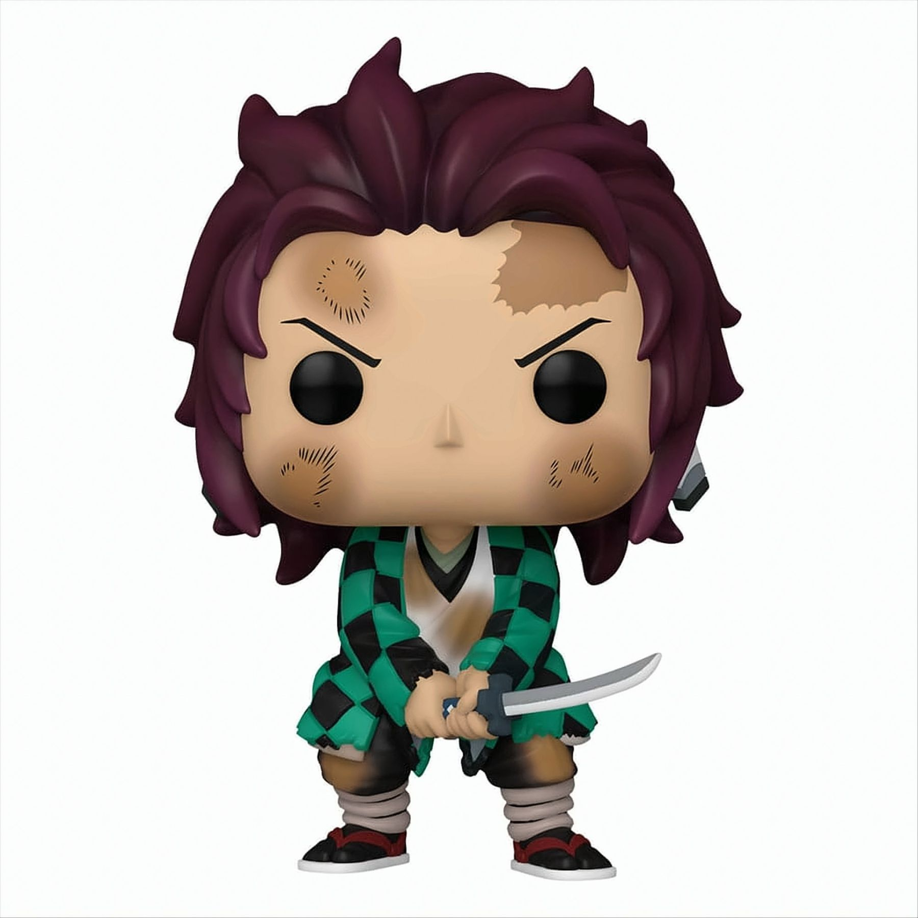 Funko Pop van een manga-personage. Het personage houdt een zwaard vast en draagt een groen en zwart geruite mantel.