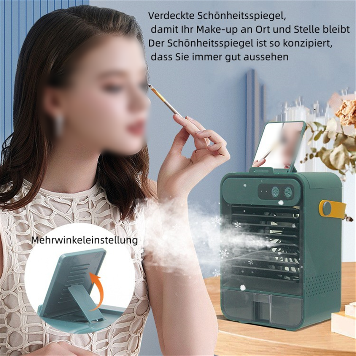 Eine Frau trägt Make-up vor einem kleinen grünen, tragbaren Luftkühler auf.