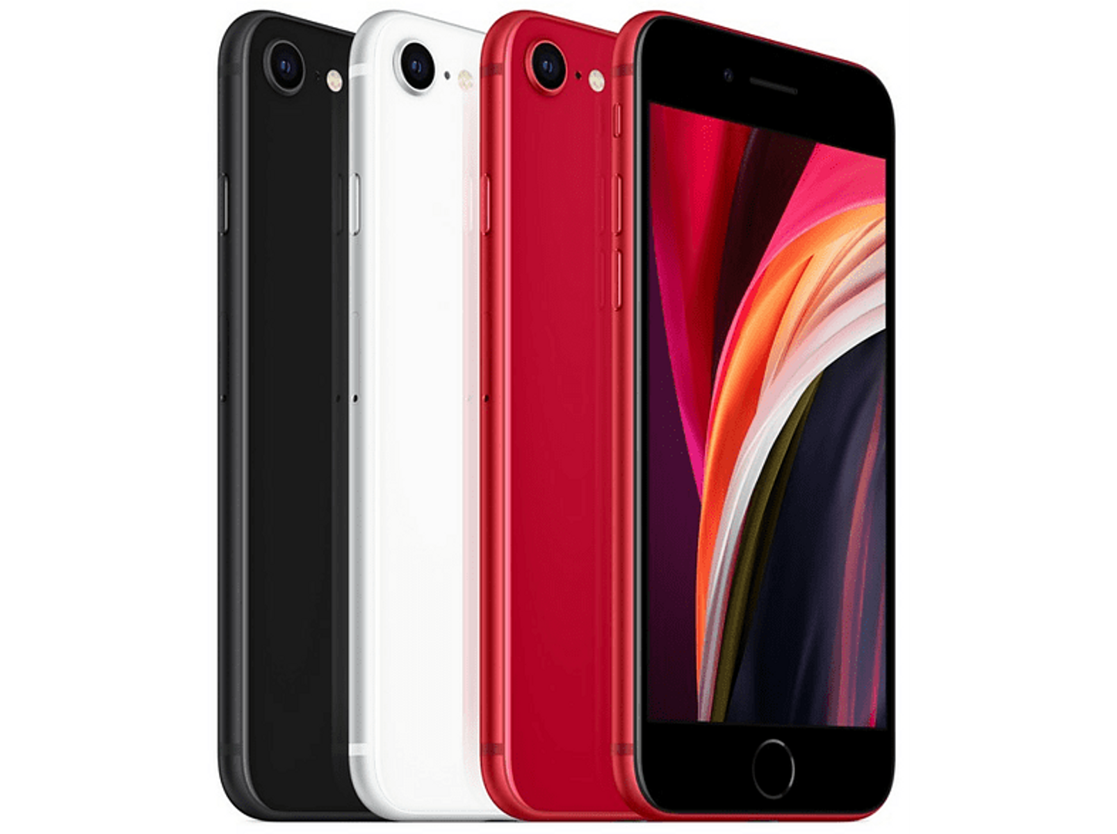 Cztery smartfony w kolorze czarnym, białym, czerwonym i czarnym. Widok z boku, białe tło.