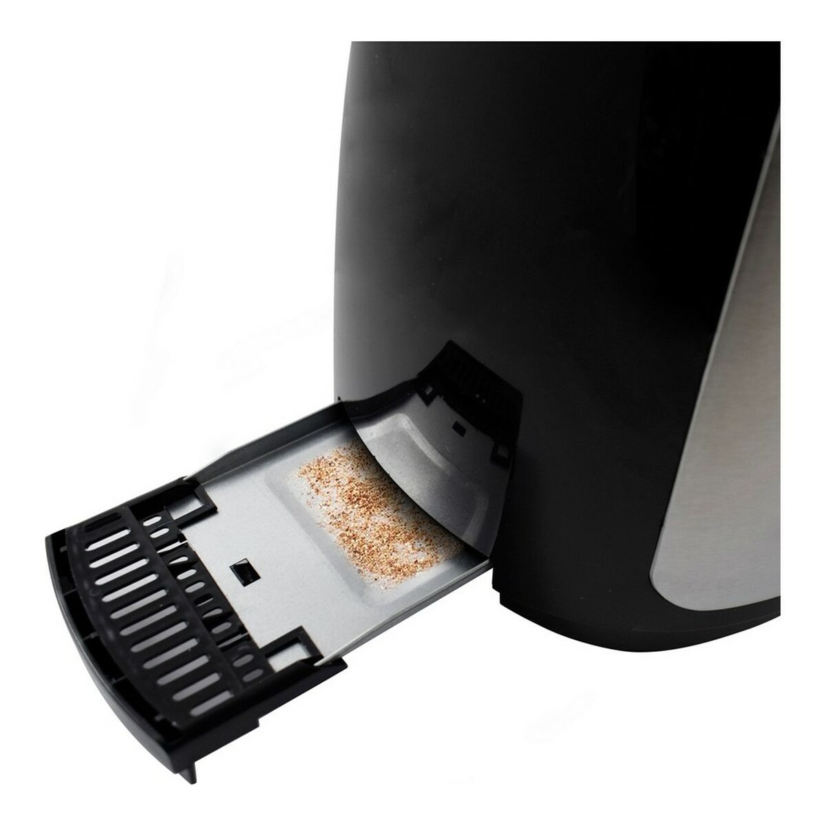 Toaster mit offener Krümelschublade, Krümel zeigend.