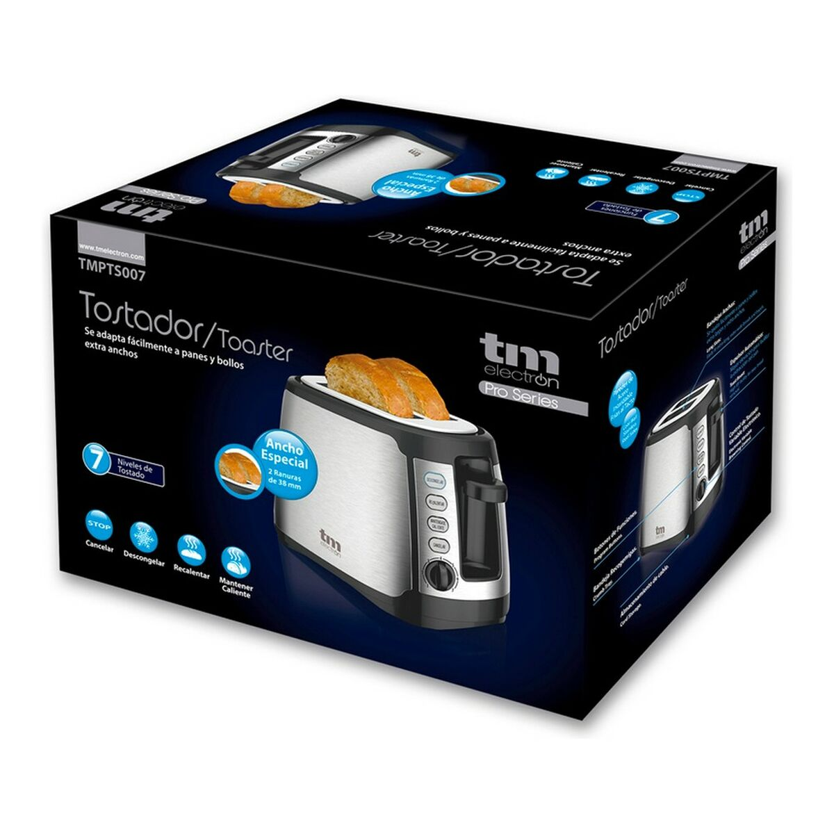 Eine Toasterbox mit einem Toaster und Brot auf der Vorder- und Seite.