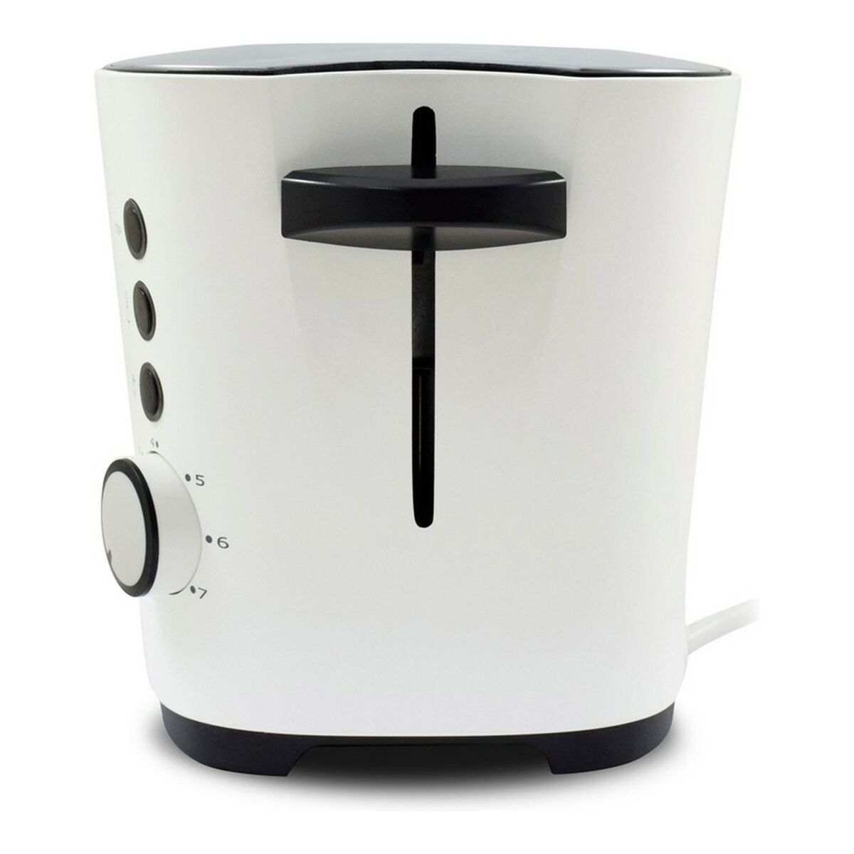 Ein weißer Toaster mit schwarzem Deckel und einem Drehregler. Der Regler ist auf 5 eingestellt.