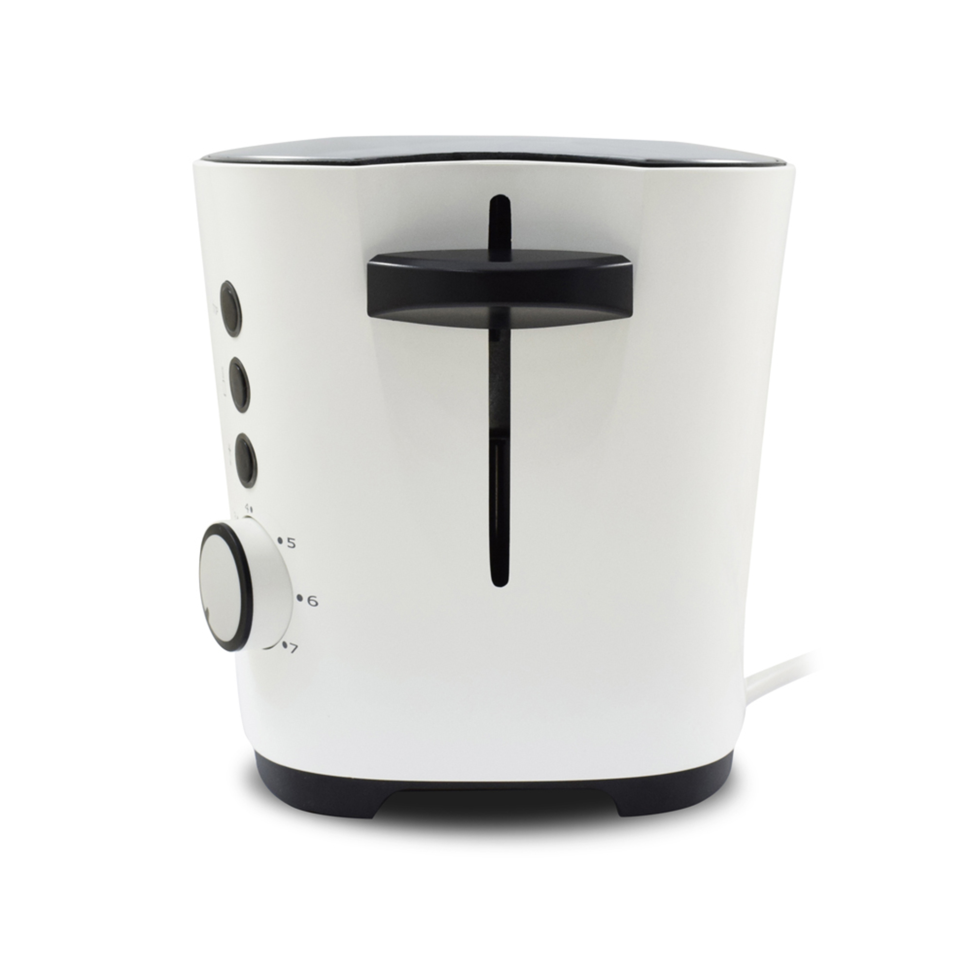 Weißer Toaster mit schwarzen Akzenten. Merkmale sind ein Drehregler und Schlitze.