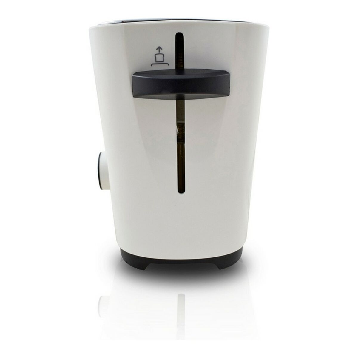 Ein weißer Toaster mit Schlitz. Schwarzer Hebel und Basis sind sichtbar.