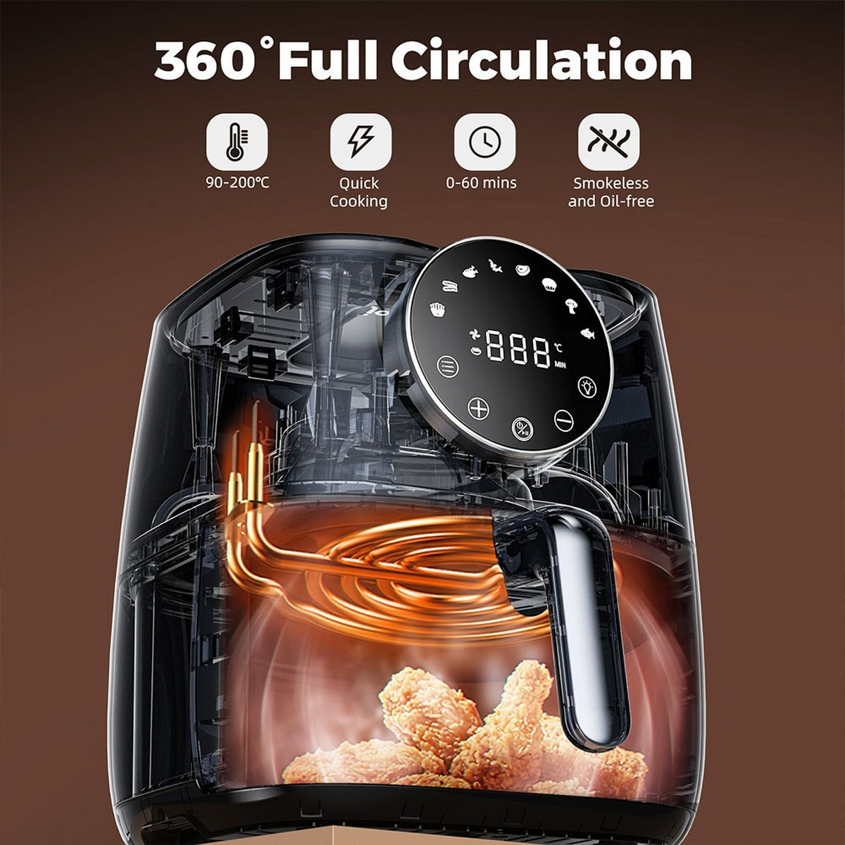 Una friggitrice ad aria nera con cibo all'interno. Ha un display digitale e pulsanti. Circolazione completa a 360°.