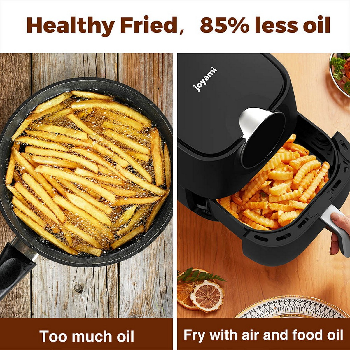 L'immagine mostra un confronto tra frittura con olio e friggitrice ad aria, con patatine fritte.