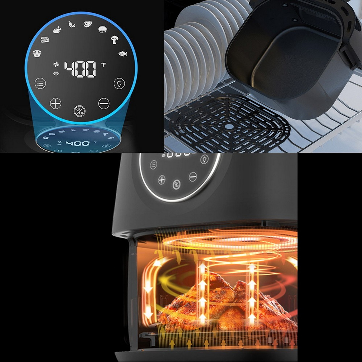 Una friggitrice ad aria con display digitale che mostra 400 gradi. All'interno, cibo cotto.