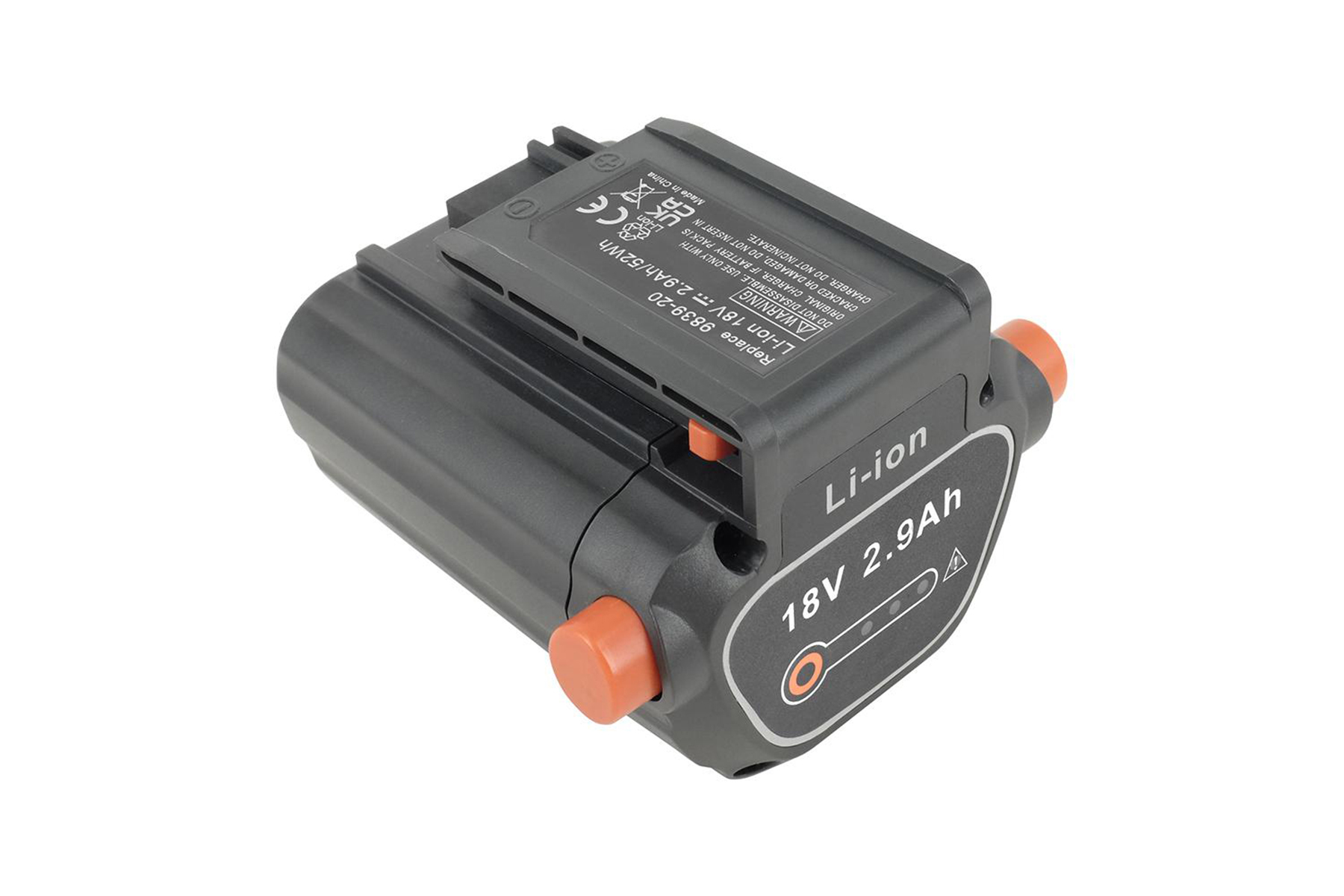 Schwarzer und orangefarbener Li-Ion 18V 2,9Ah Akku auf weißem Grund.