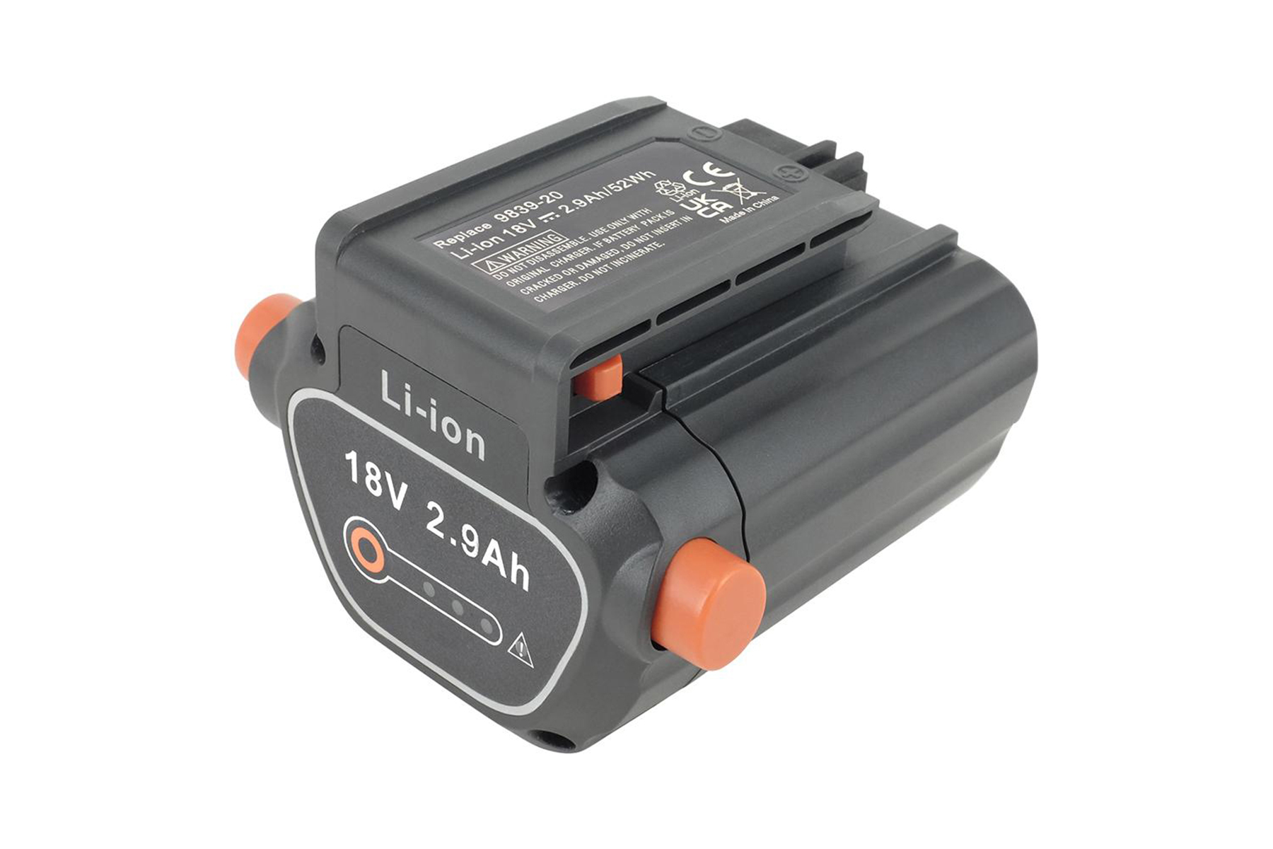 Schwarz-orange 18V 2,9Ah Li-Ionen-Akku für Elektrowerkzeuge. Es ist ein Akku für ein Elektrowerkzeug.