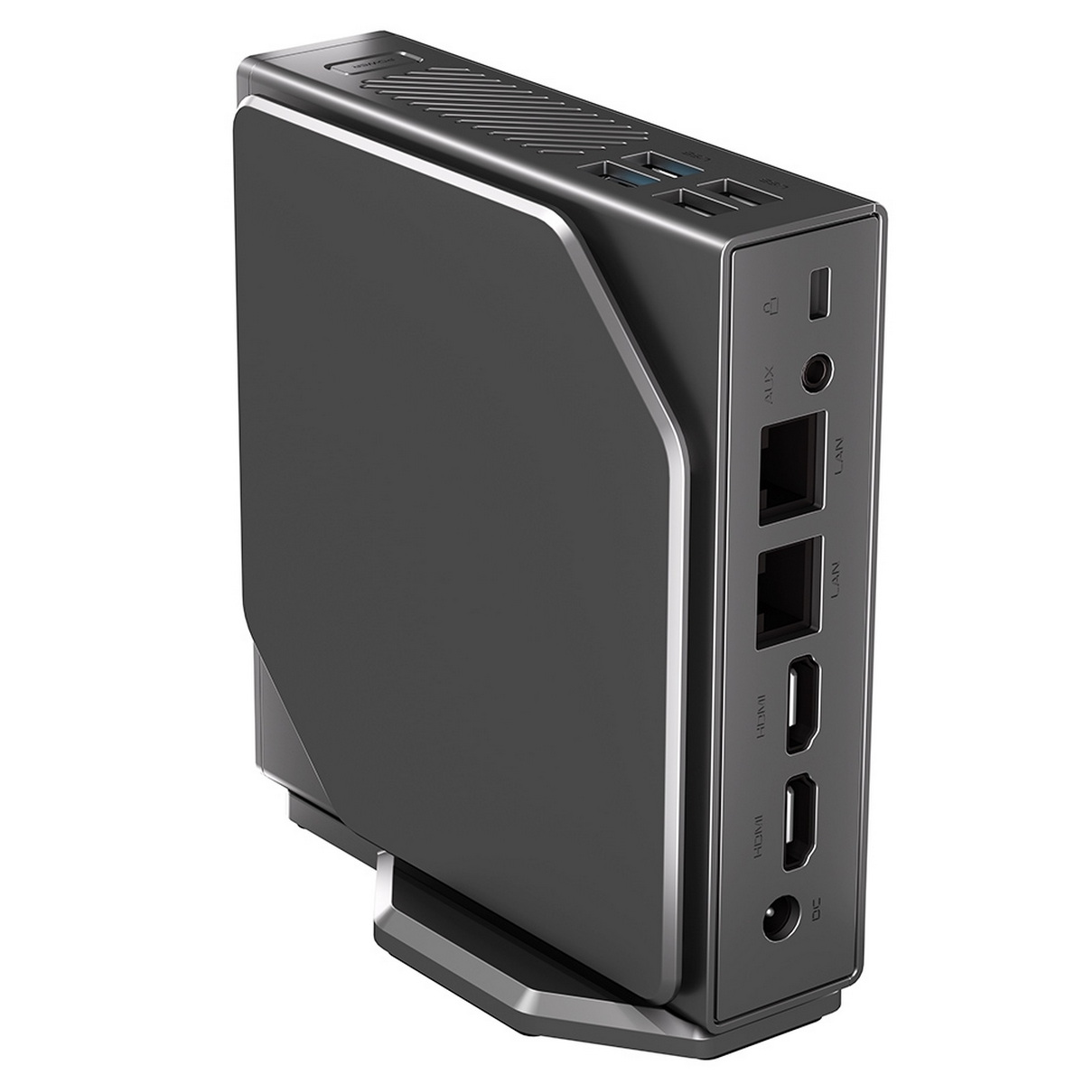 Schwarzer Mini-Computer mit Anschlüssen auf einem Ständer. Die Anschlüsse sind sichtbar.
