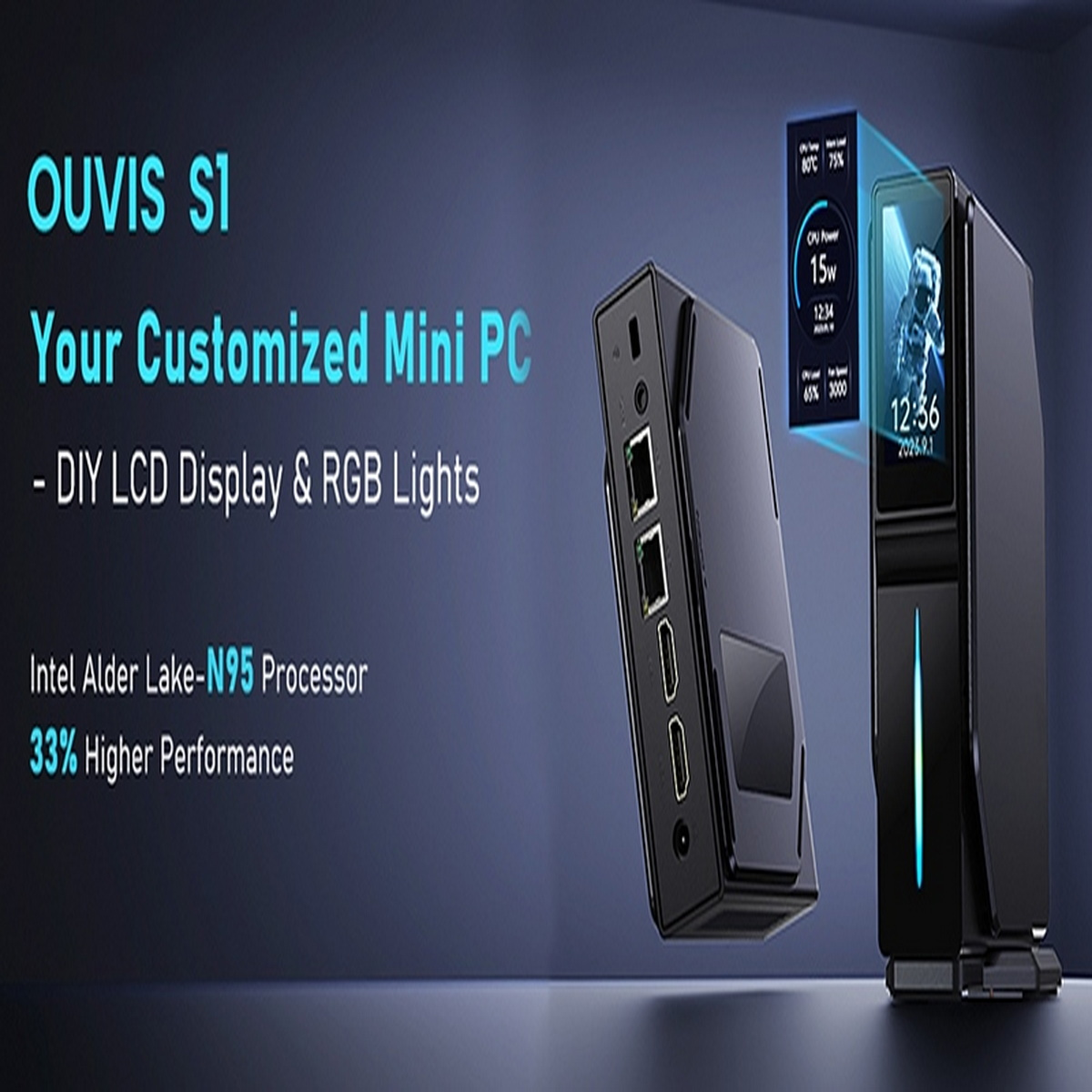 Mini-PC mit LCD-Display und RGB-Beleuchtung. Dunkelblauer Hintergrund.