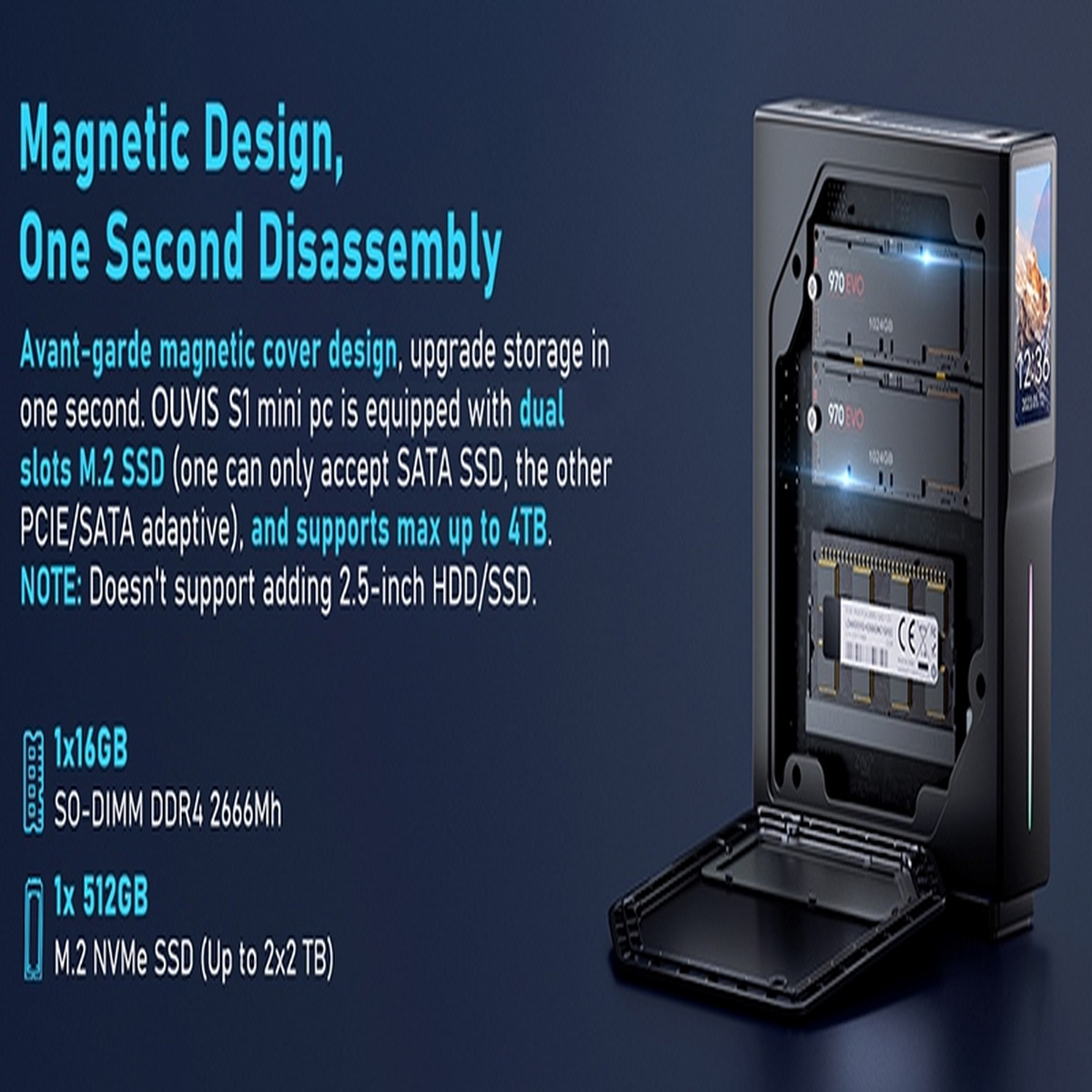 Schwarzes PC-Gehäuse mit offener Seite, zeigt Speicherkoponenten. Text: Magnetisches Design, Demontage in einer Sekunde.