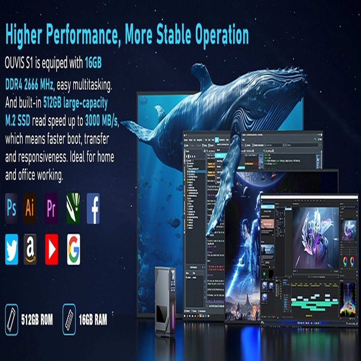 Werbung mit Text, Grafiken und einem Wal-Bild. Sie wirbt für einen Computer mit 16 GB RAM und 512 GB SSD.